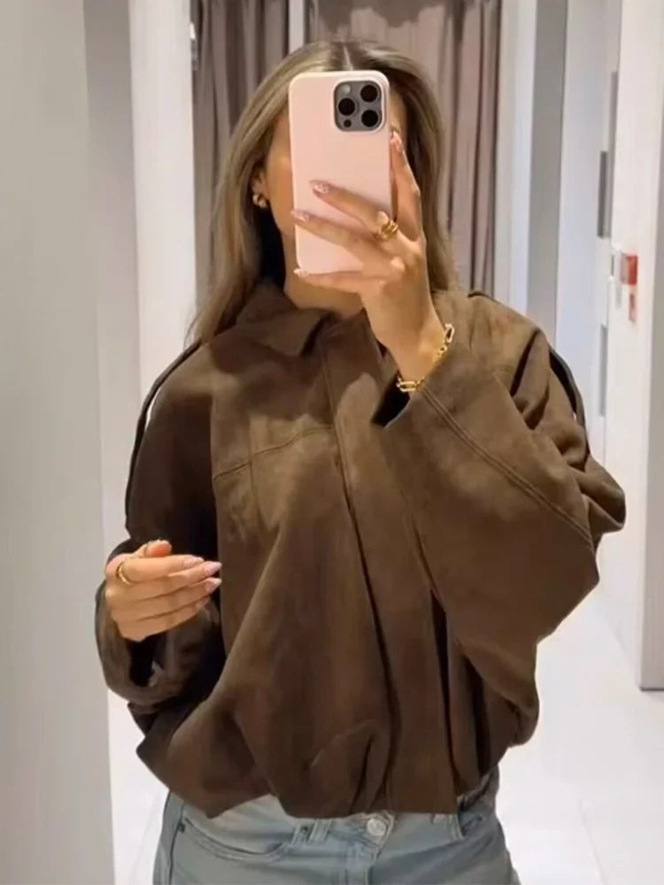 Chic Green Suede Bomber Jacket