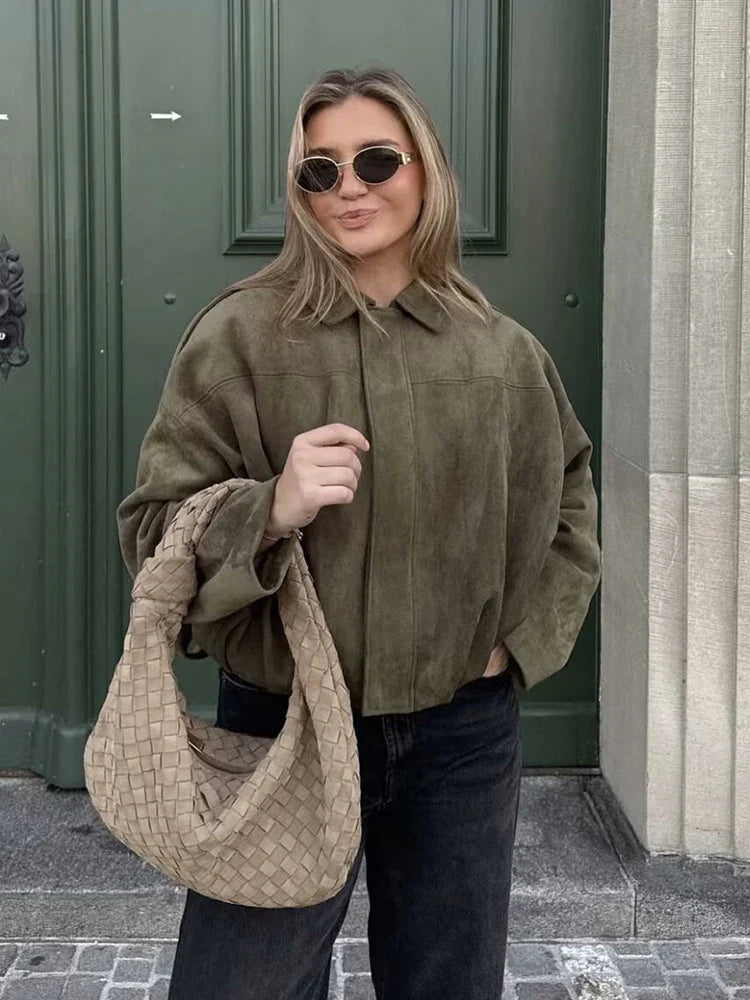 Chic Green Suede Bomber Jacket