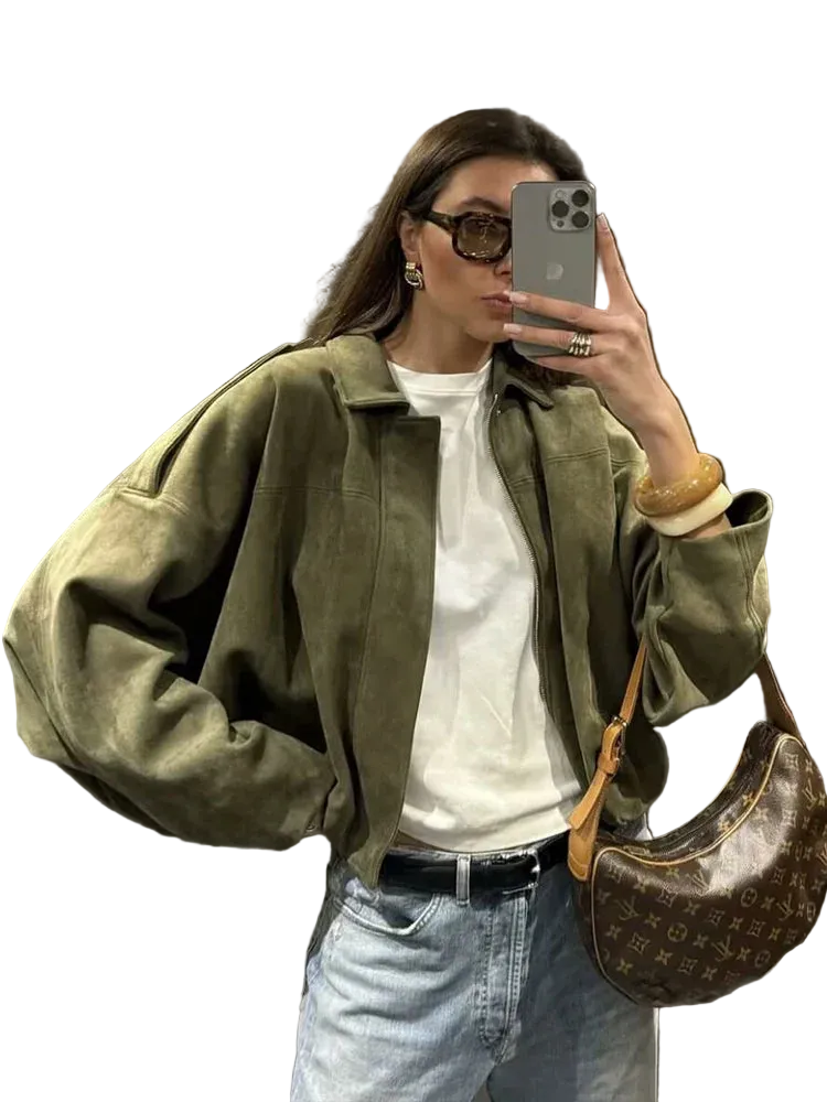 Chic Green Suede Bomber Jacket